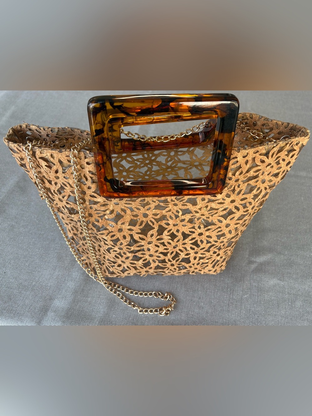 Woven Laser-Cut Tan Tote with Tortoiseshell Handle and Gold Chain shoulder strap